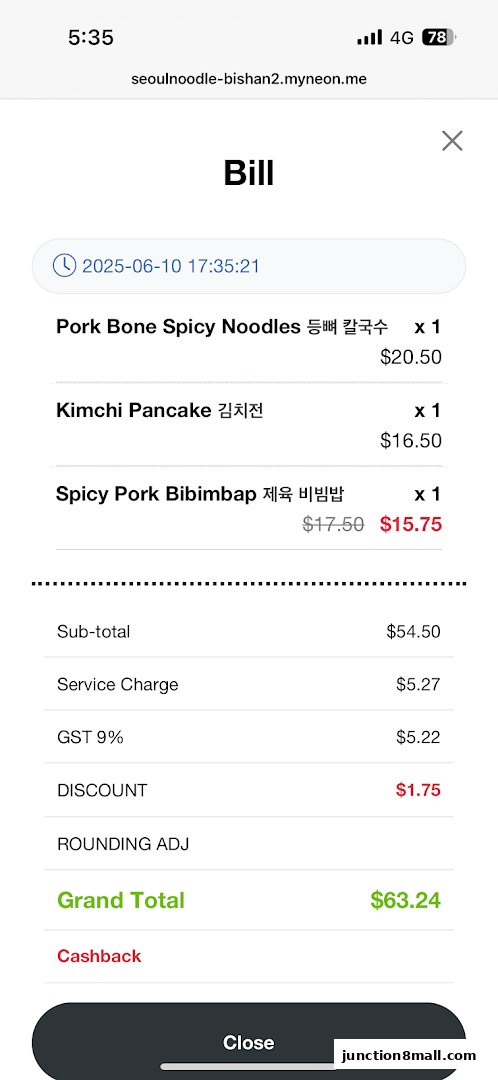 A digital bill from Seoul Noodle Shop showing ordered items and total cost.