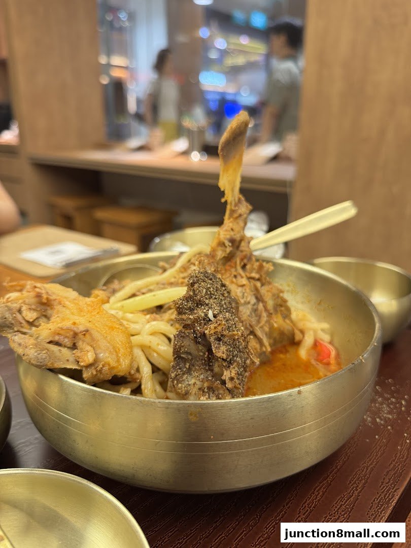 A close-up of a hearty bowl of noodles with tender meat and broth.