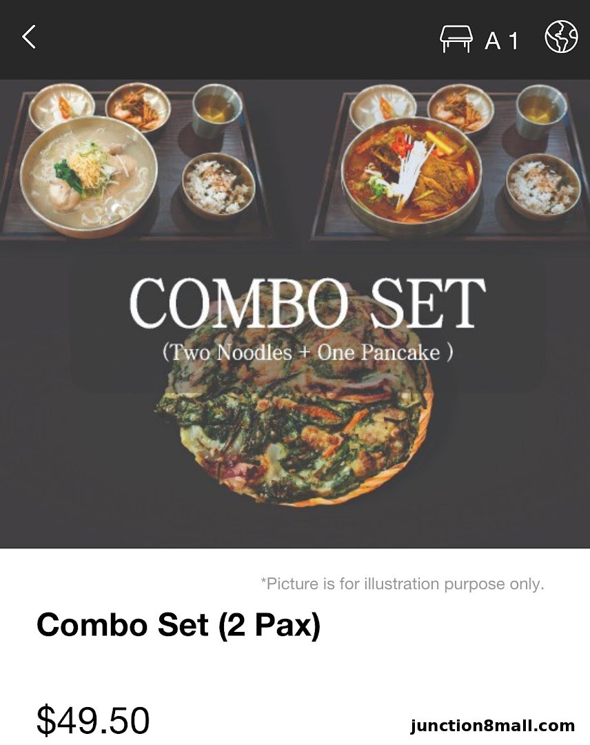 A combo set for two featuring noodles, rice, kimchi, and a pancake.