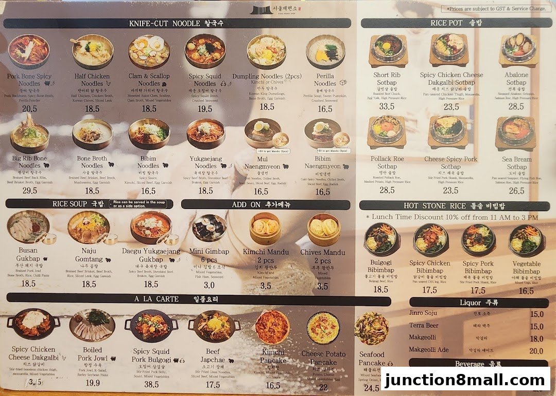 A menu for Seoul Noodle Shop featuring various Korean noodle dishes, rice pots, and side dishes.