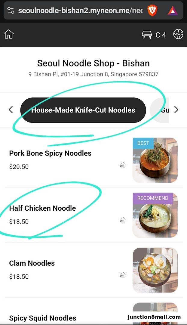 A menu from Seoul Noodle Shop featuring various noodle dishes with prices.