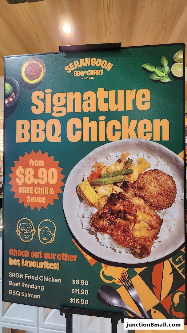 A menu board advertising Serangoon BBQ & Curry's Signature BBQ Chicken and other dishes.