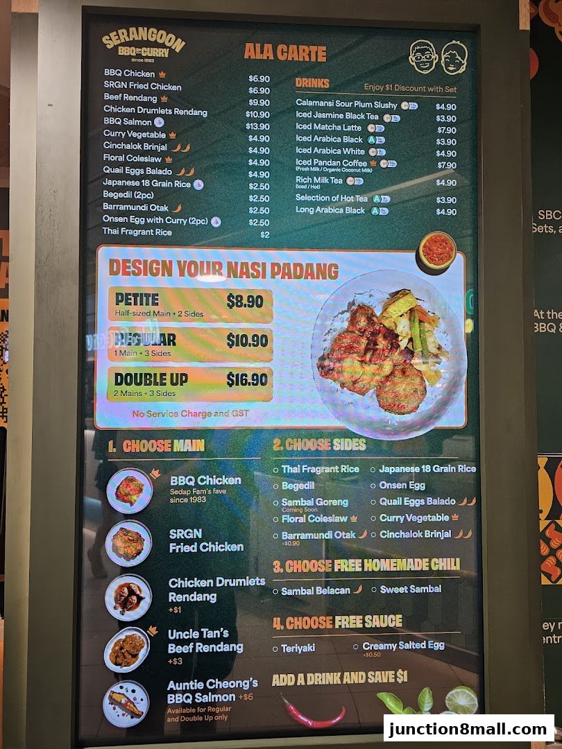 A digital menu board displaying ala carte items and nasi padang meal options.