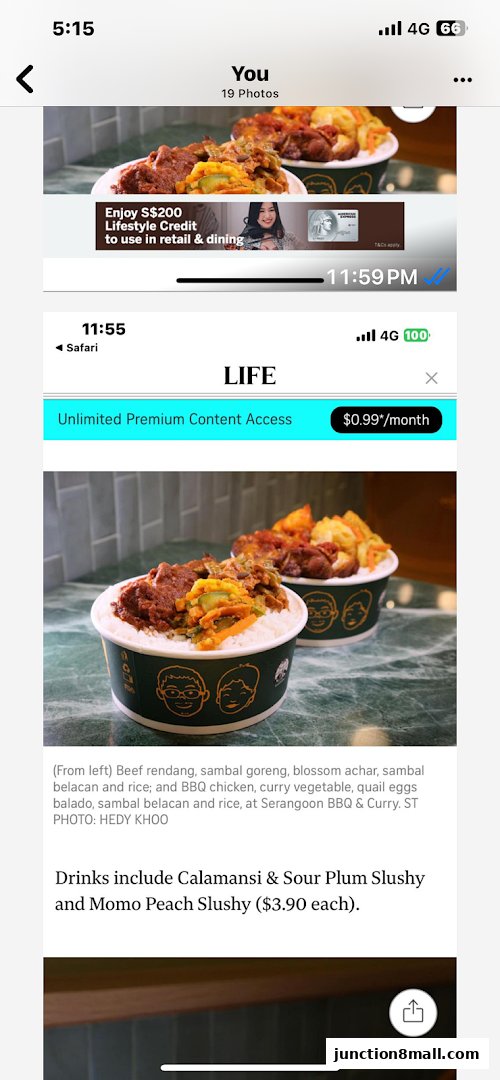Two bowls of rice topped with various dishes, including beef rendang and BBQ chicken.