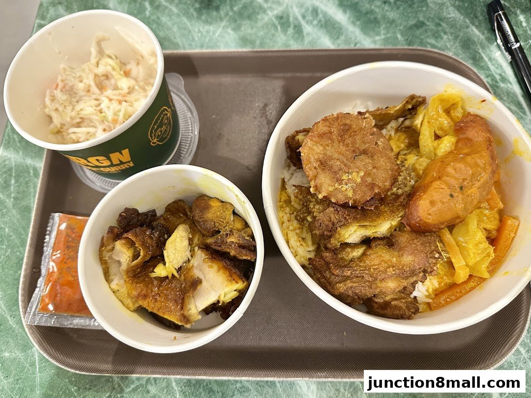 A tray of delicious Nasi Padang and fried chicken with coleslaw and chili sauce.