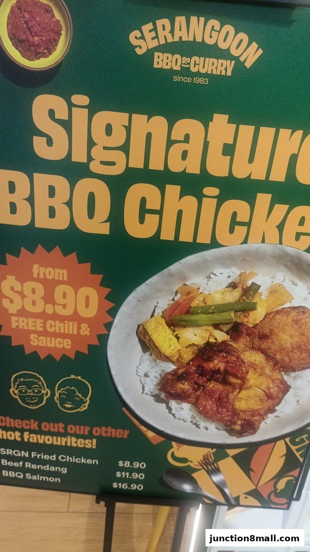 A menu board for Serangoon BBQ & Curry featuring signature BBQ chicken and other favorites.