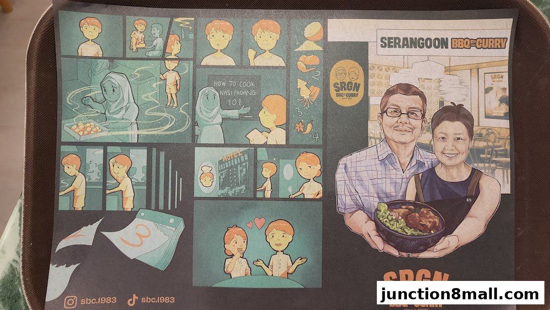 A graphic illustration depicting the history and cooking of Nasi Padang, with a couple holding a bowl of food.