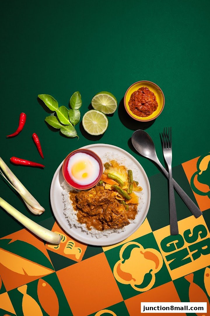 A delicious plate of Nasi Padang with chicken, vegetables, and a soft-boiled egg, garnished with chili and lime.