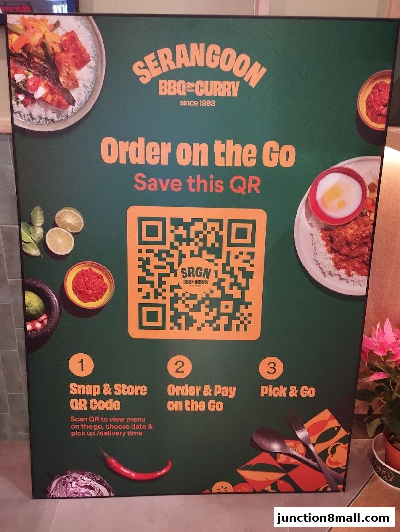 A sign for Serangoon BBQ & Curry promoting QR code ordering for takeaway.