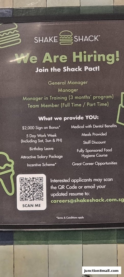 A hiring advertisement for Shake Shack listing job positions and benefits.