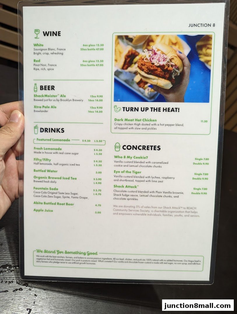 A menu from Shake Shack Junction 8, featuring drinks, beer, wine, and concretes.