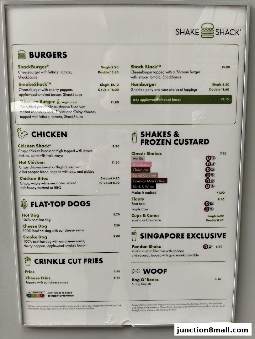 A menu board for Shake Shack featuring burgers, chicken, hot dogs, fries, shakes, and frozen custard.