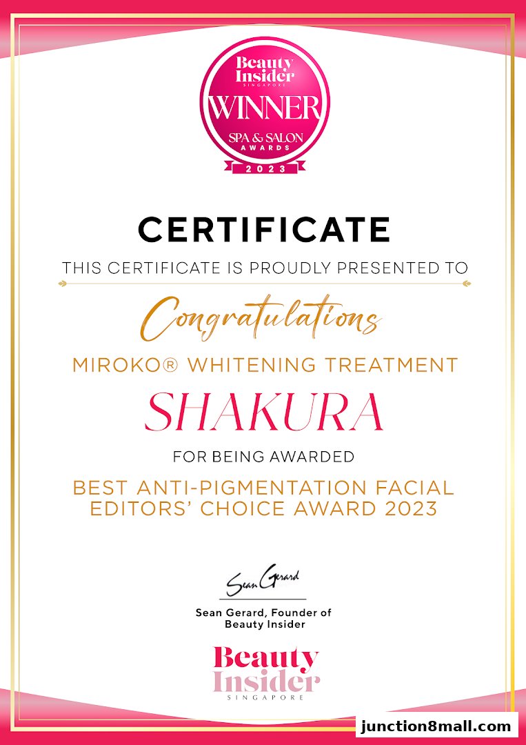 Certificate awarded to Shakura for Best Anti-Pigmentation Facial Editors' Choice Award 2023.