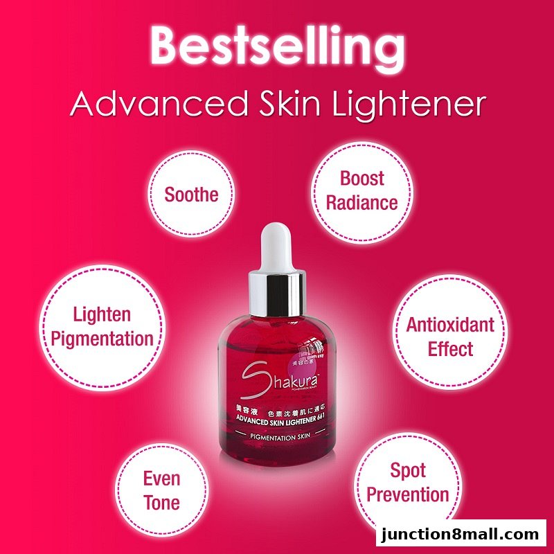 A bottle of Shakura Advanced Skin Lightener with surrounding circles highlighting its benefits.