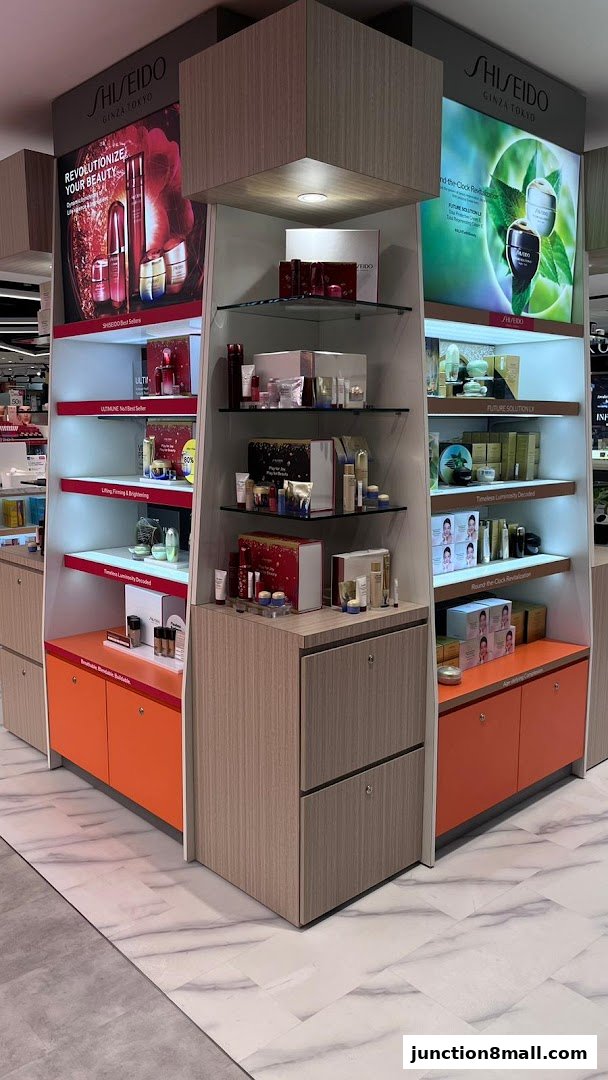 Shiseido beauty products displayed on shelves with promotional signage.