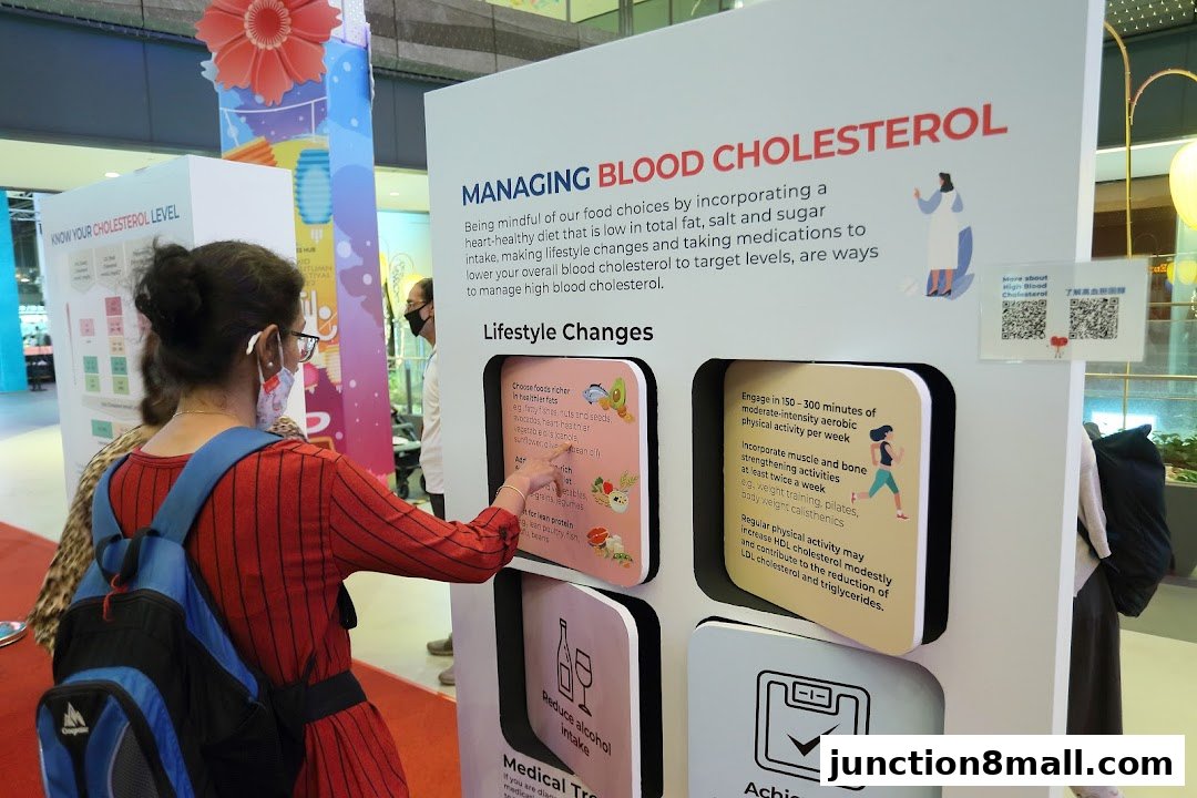 A person interacts with an educational display about managing blood cholesterol and lifestyle changes.