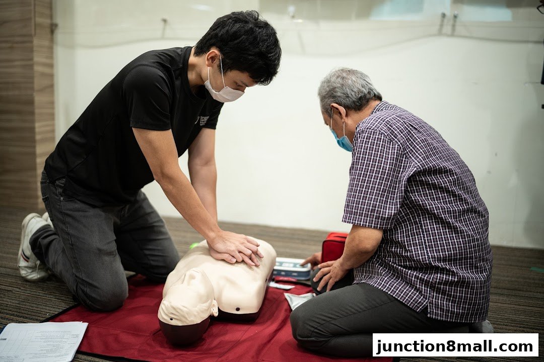 Two men practice CPR on a dummy, with one demonstrating chest compressions.