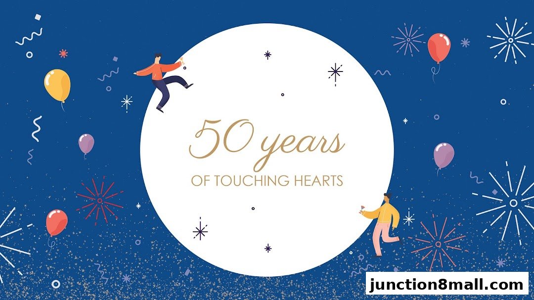 A celebratory graphic marking 50 years of touching hearts with festive elements.