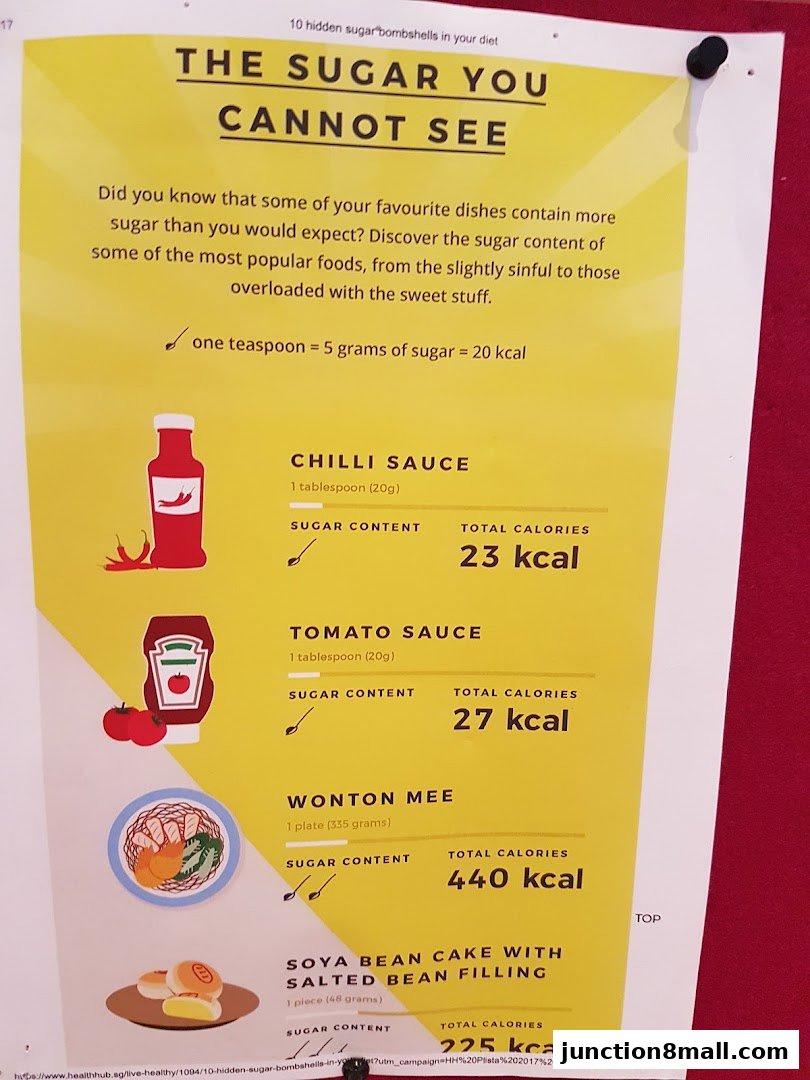 A poster detailing the hidden sugar content in common foods and drinks.