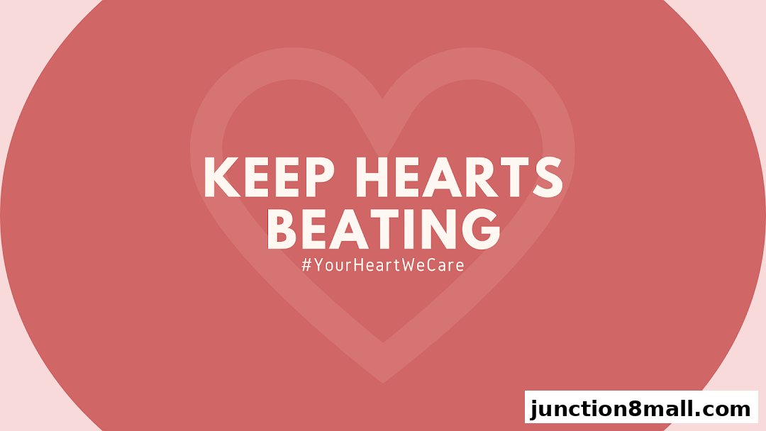 A graphic with the text 'KEEP HEARTS BEATING' and '#YourHeartWeCare' on a pink background with a heart outline.
