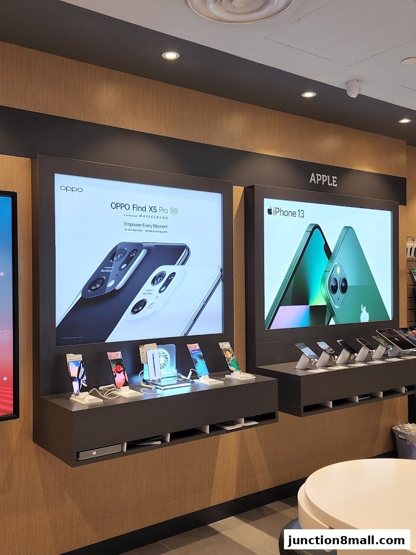Display of latest OPPO and Apple smartphones in a retail store.