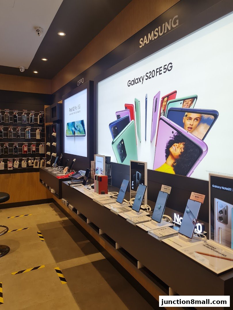 Interior of a Singtel Exclusive Retailer shop showcasing Samsung and Oppo phones.