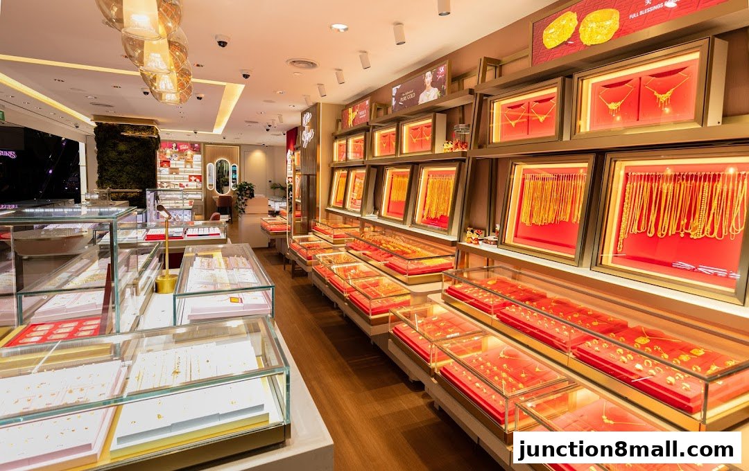 Interior view of a jewelry store showcasing a wide selection of gold necklaces and pendants.