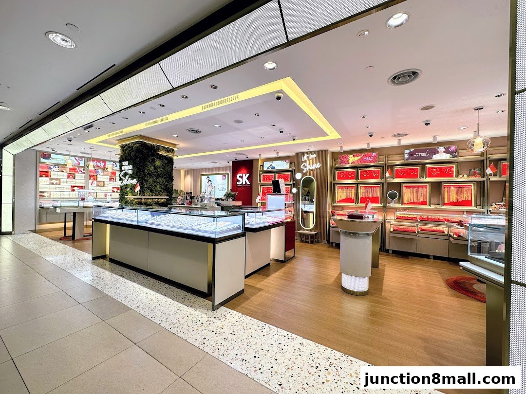 Interior view of a well-lit jewelry store showcasing displays of gold necklaces and rings.