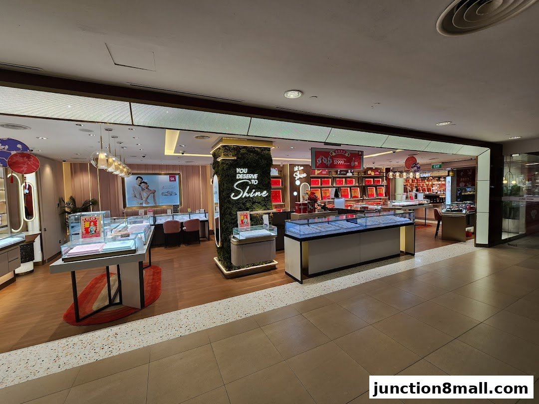 Interior view of a well-lit jewelry store with display cases and merchandise.