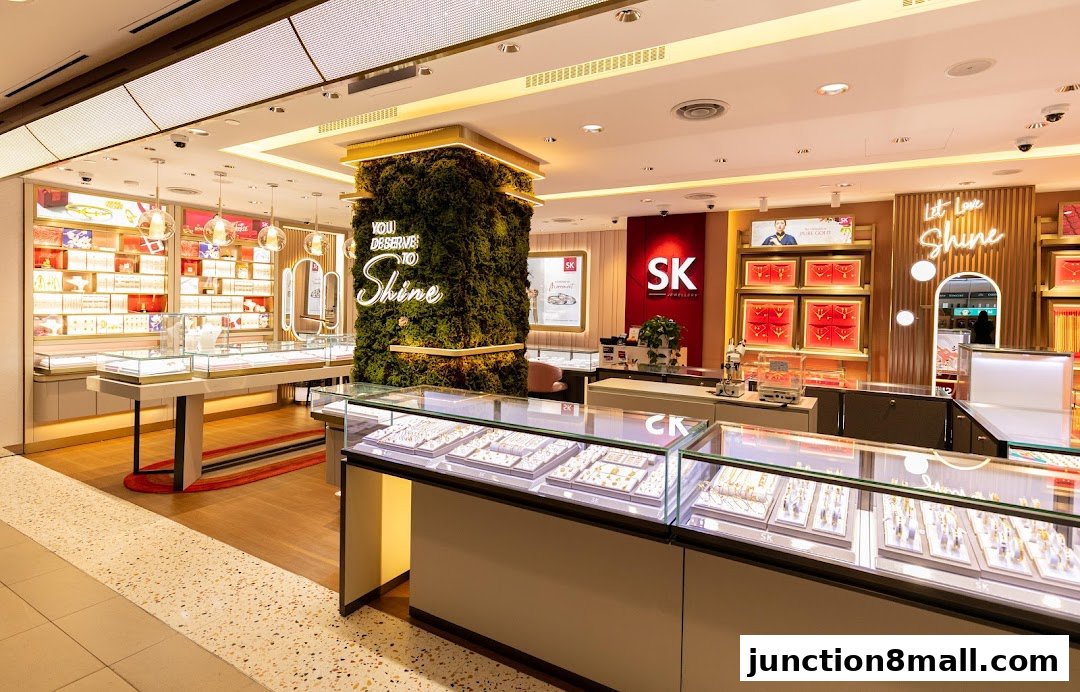 Interior view of a brightly lit jewelry store with display cases filled with jewelry.