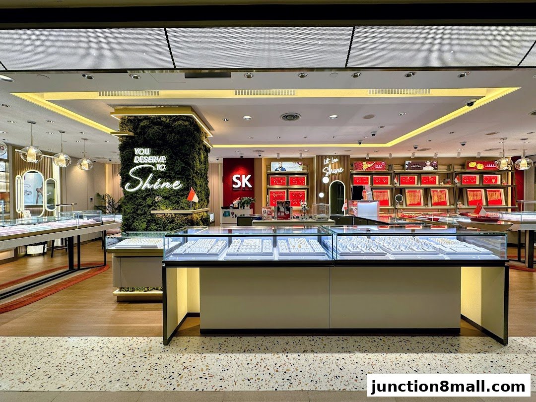 Interior view of a modern jewelry store with display cases filled with jewelry and a prominent green wall.