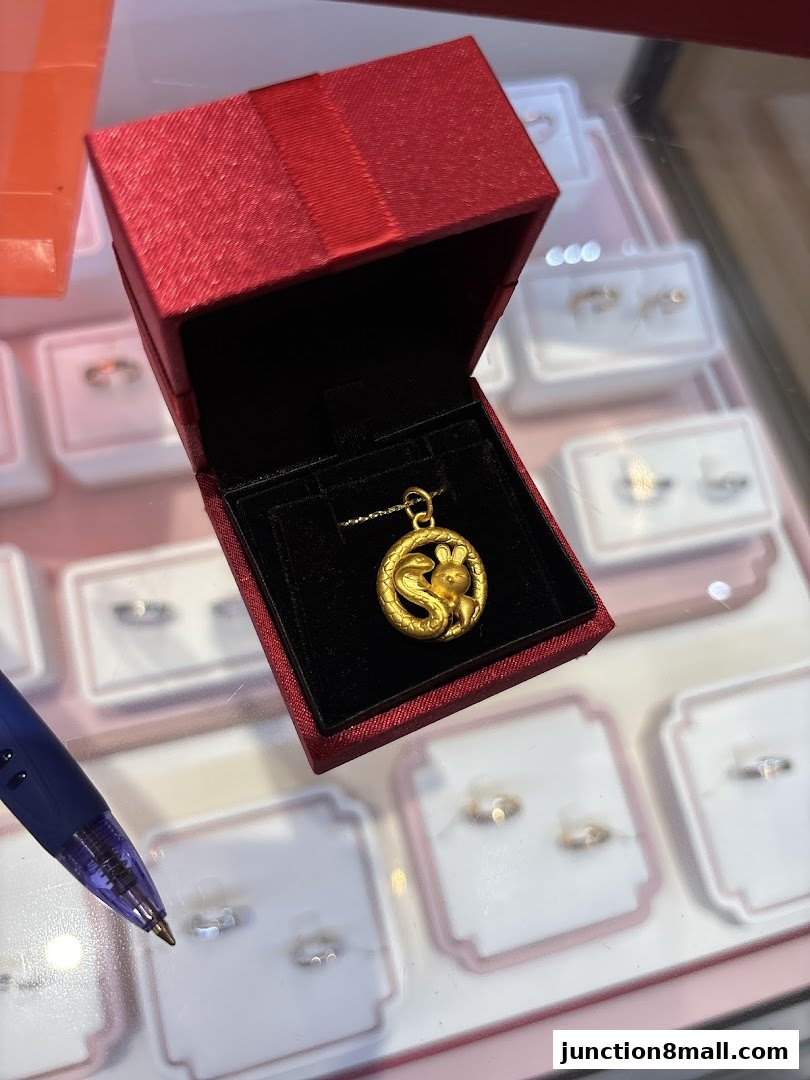 A gold pendant with a rabbit and snake design in a red jewelry box.