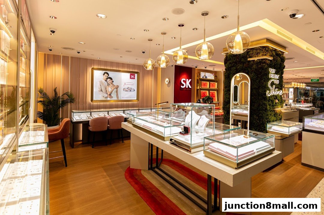 Interior view of a luxurious SK Jewellery store showcasing display cases filled with jewelry.