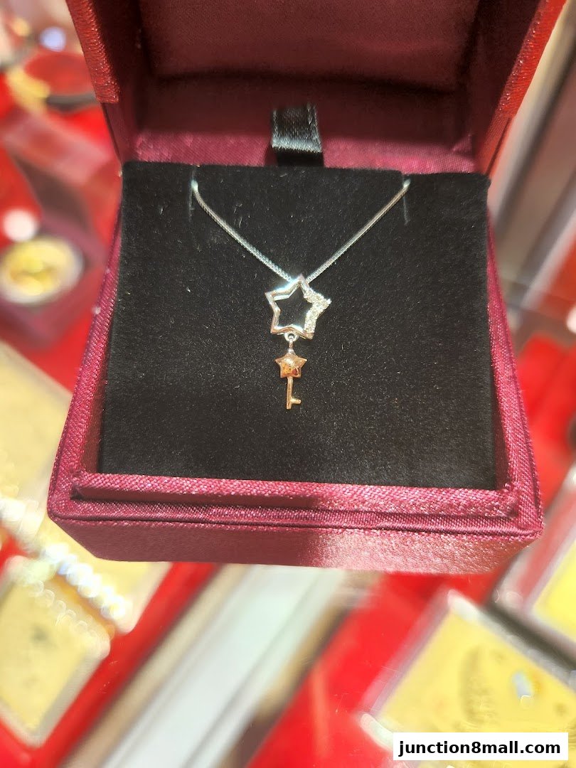 A delicate star and key pendant necklace displayed in a burgundy jewelry box.
