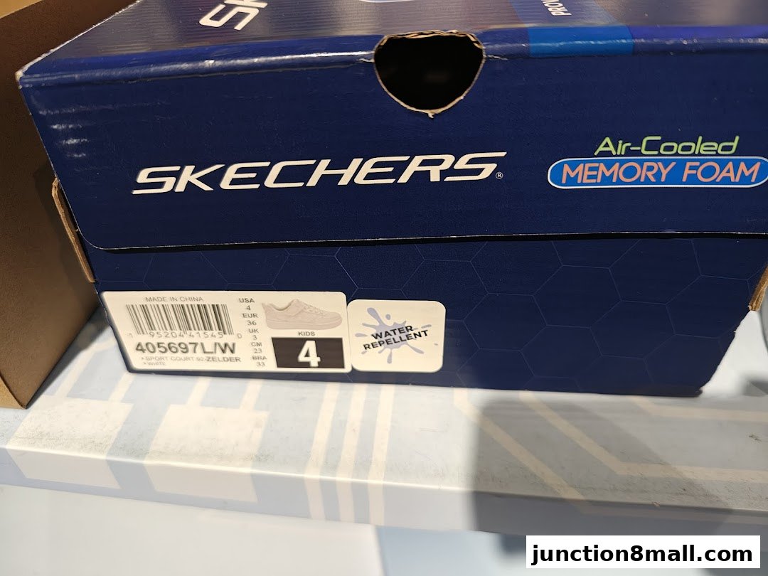 A Skechers shoe box featuring the brand logo and 'Air-Cooled Memory Foam' technology.