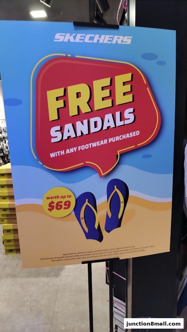 A Skechers promotional sign offering free sandals with footwear purchase.