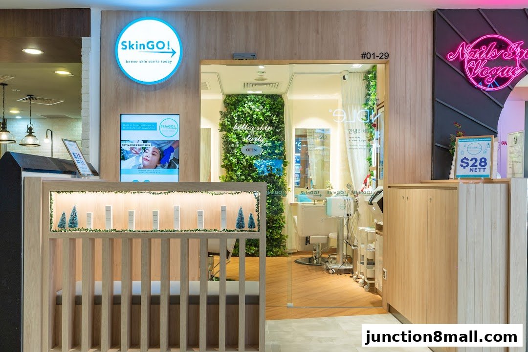 The entrance to SkinGO!, a skincare clinic, with products displayed and a promotional sign.