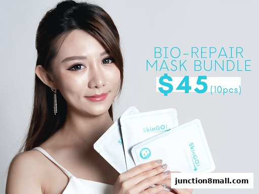 A woman holds a bundle of SkinGO! bio-repair masks, priced at $45 for 10 pieces.