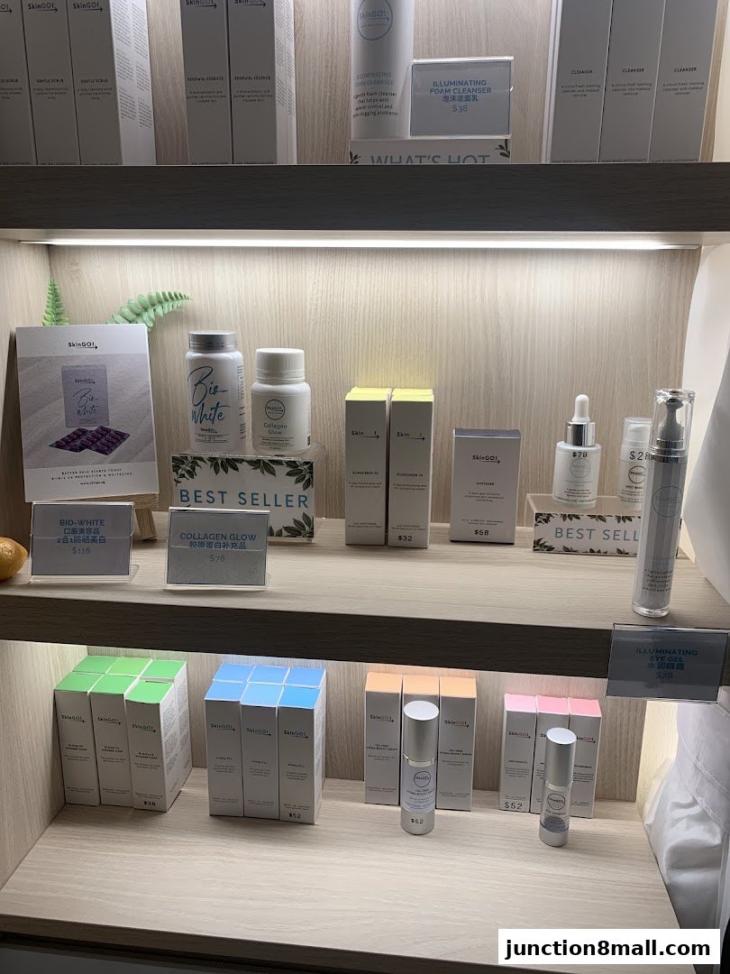 A display of various skincare products from SkinGO! including cleansers, serums, and supplements.