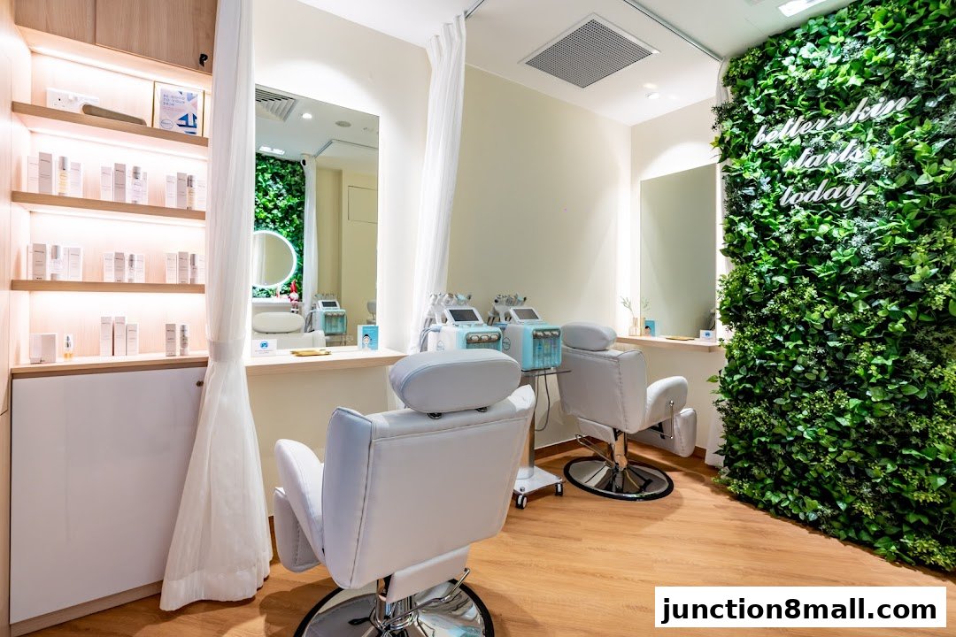 Interior of a modern beauty salon with treatment chairs and skincare products.