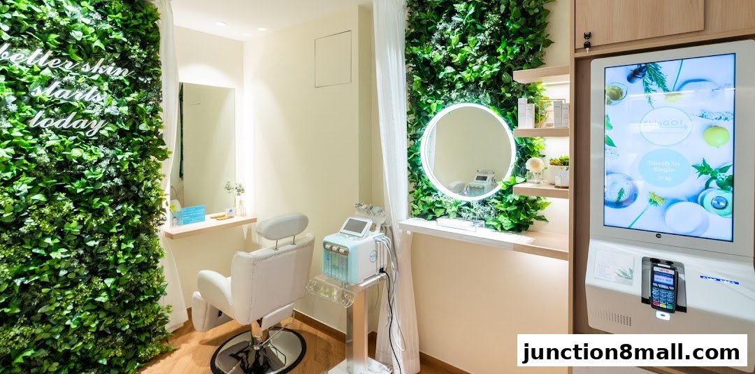 A modern beauty treatment room with a green wall, treatment chair, and digital kiosk.