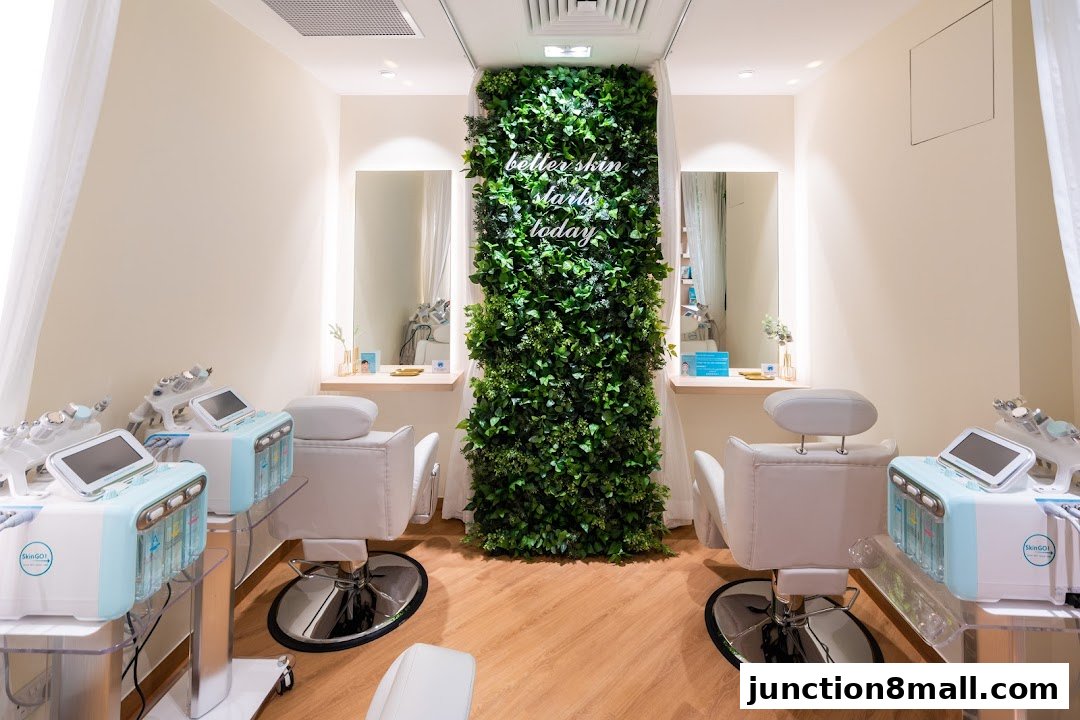 Interior of a modern beauty salon with treatment chairs and advanced skincare equipment.