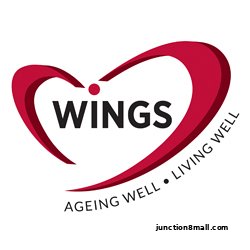 The logo for Society for WINGS WINGS features a stylized heart with the word WINGS inside, and text about ageing and living well.