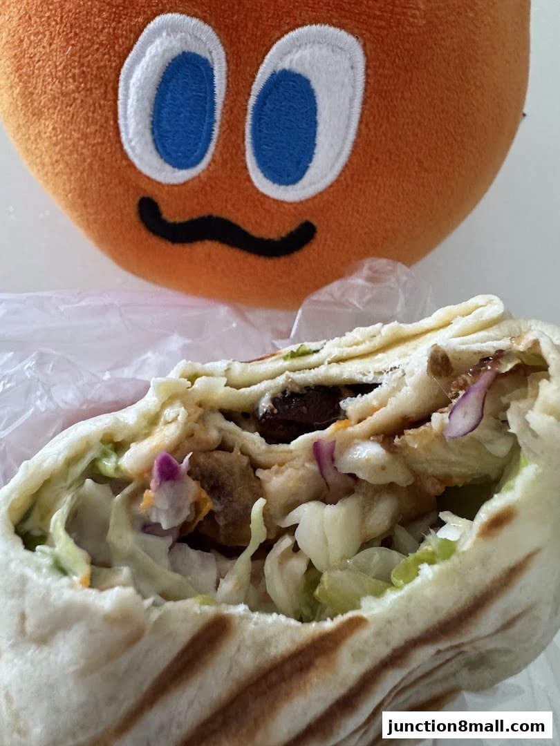 A close-up of a delicious wrap filled with fresh ingredients, with a cute plush toy in the background.