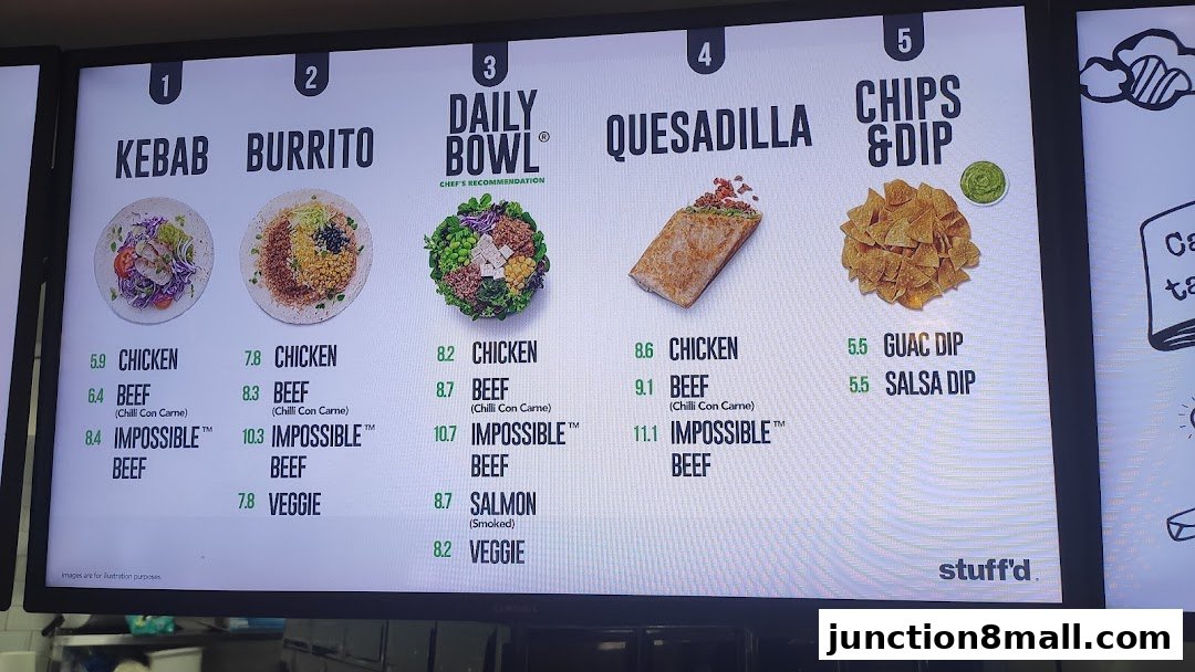 A digital menu board displaying various food items like kebabs, burritos, bowls, quesadillas, and chips with dips.