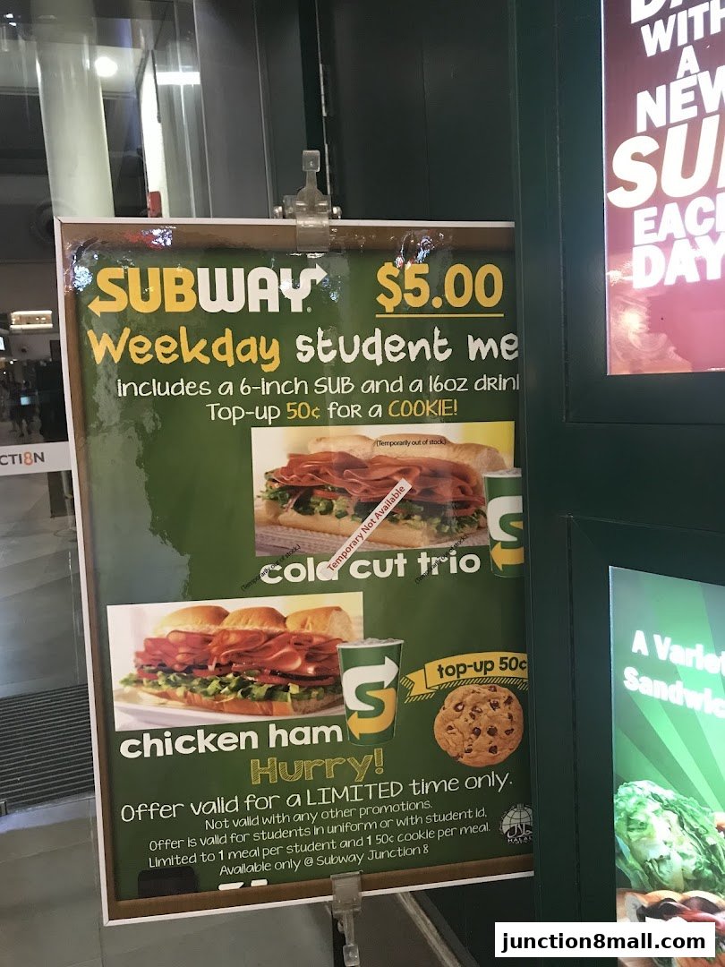 A Subway promotional poster featuring a weekday student meal deal with subs and a cookie.