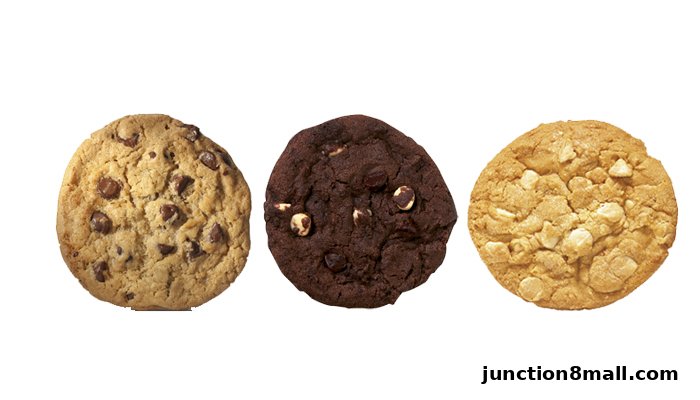 Three delicious cookies: chocolate chip, double chocolate, and white chocolate macadamia nut.