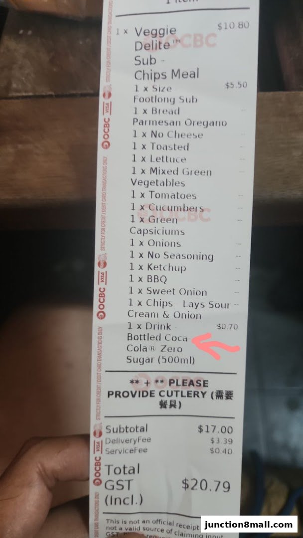 A receipt from Subway detailing a Veggie Delite Sub - Chips Meal and a Bottled Coca-Cola Zero.