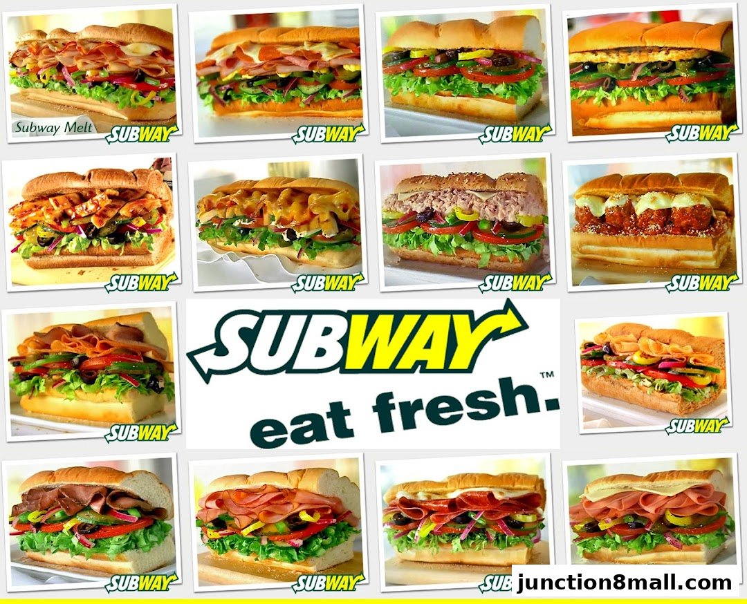 A collage of various Subway sandwiches and the Subway logo with the slogan 'eat fresh.'