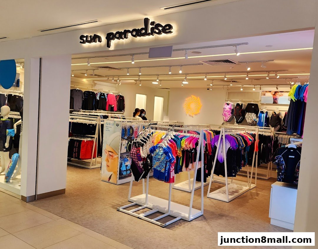 The entrance of Sun Paradise, a store selling swimwear and athletic apparel, with racks of colorful clothing.
